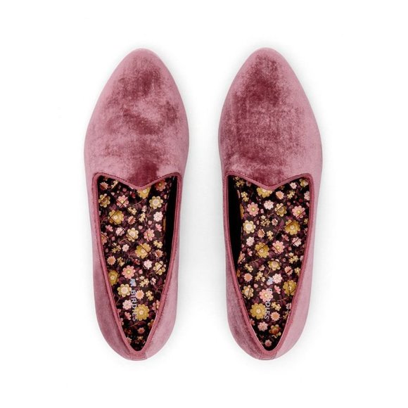 Birdies Shoes - Birdies The Heron Velvet Smoking Flats Loafers Raspberry Travel V-Shape Vamp